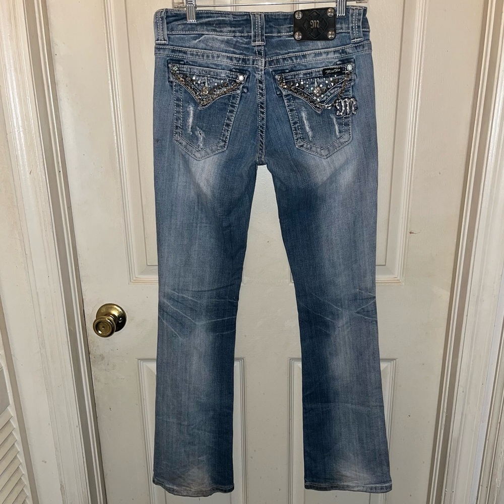 MISS ME Distressed Easy Boot Denim Jeans with Embellishments & Chains. Waist 30